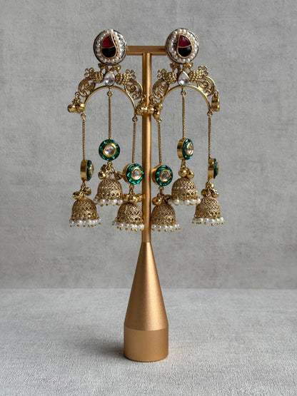 Ayura Designs Arzina Earrings – Triple Jhumki Earrings with Emerald Green Stones, Pearl Borders & Gold Detailing