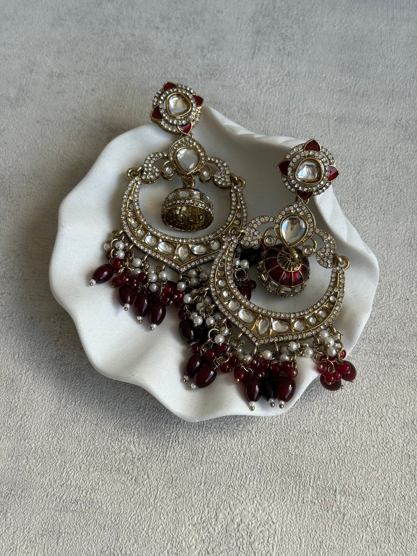 Ayura Designs Reha Earrings – Statement Chandbalis with Maroon Beads, Pearls & Mirror-Cut Stones