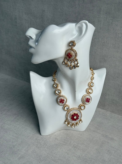 Ayura Designs Wisah Set – Necklace & Earrings with Mother of Pearl, Ruby Pink Stones & Mirror-Cut Detailing