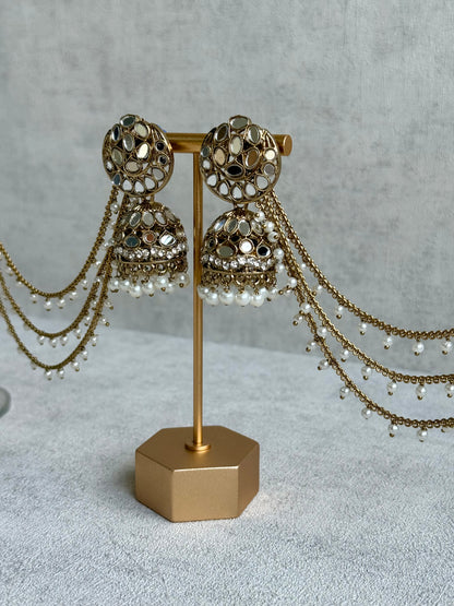 Ayura Designs Aaina Jhumkis – Antique Gold Mirror-Cut Dome Earrings with Detachable Pearl Sahare