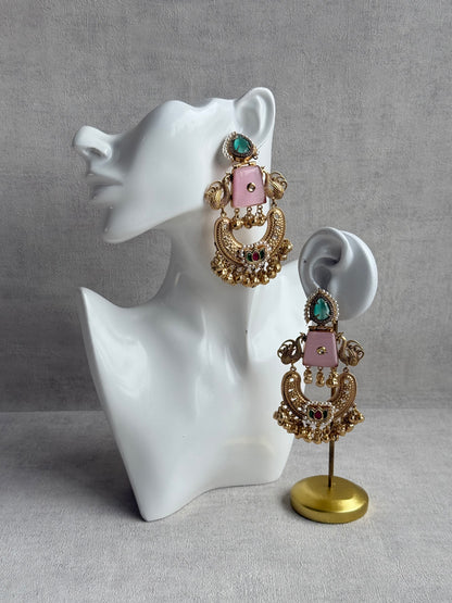 Ayura Designs Sahar Earrings – Statement Earrings with Blush Pink Stone, Mint Green Accents & Ghungroo Detailing
