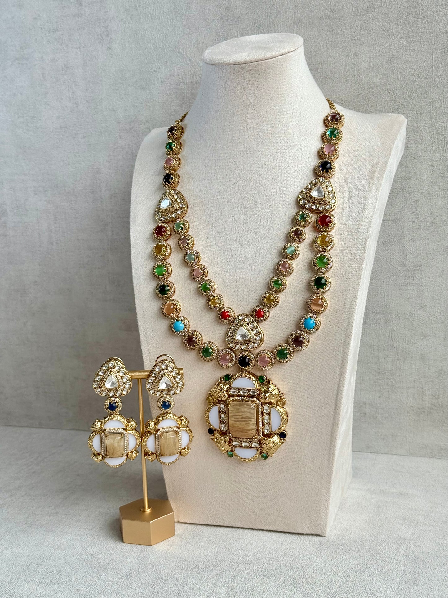 Ayura Designs Daphne Necklace Set with Statement Earrings – Gold Finish with Moissanite-Style Stones & Multicolour Accents
