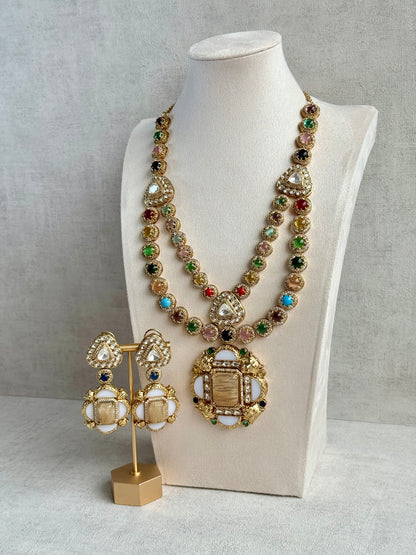 Ayura Designs Daphne Necklace Set with Statement Earrings – Gold Finish with Moissanite-Style Stones & Multicolour Accents
