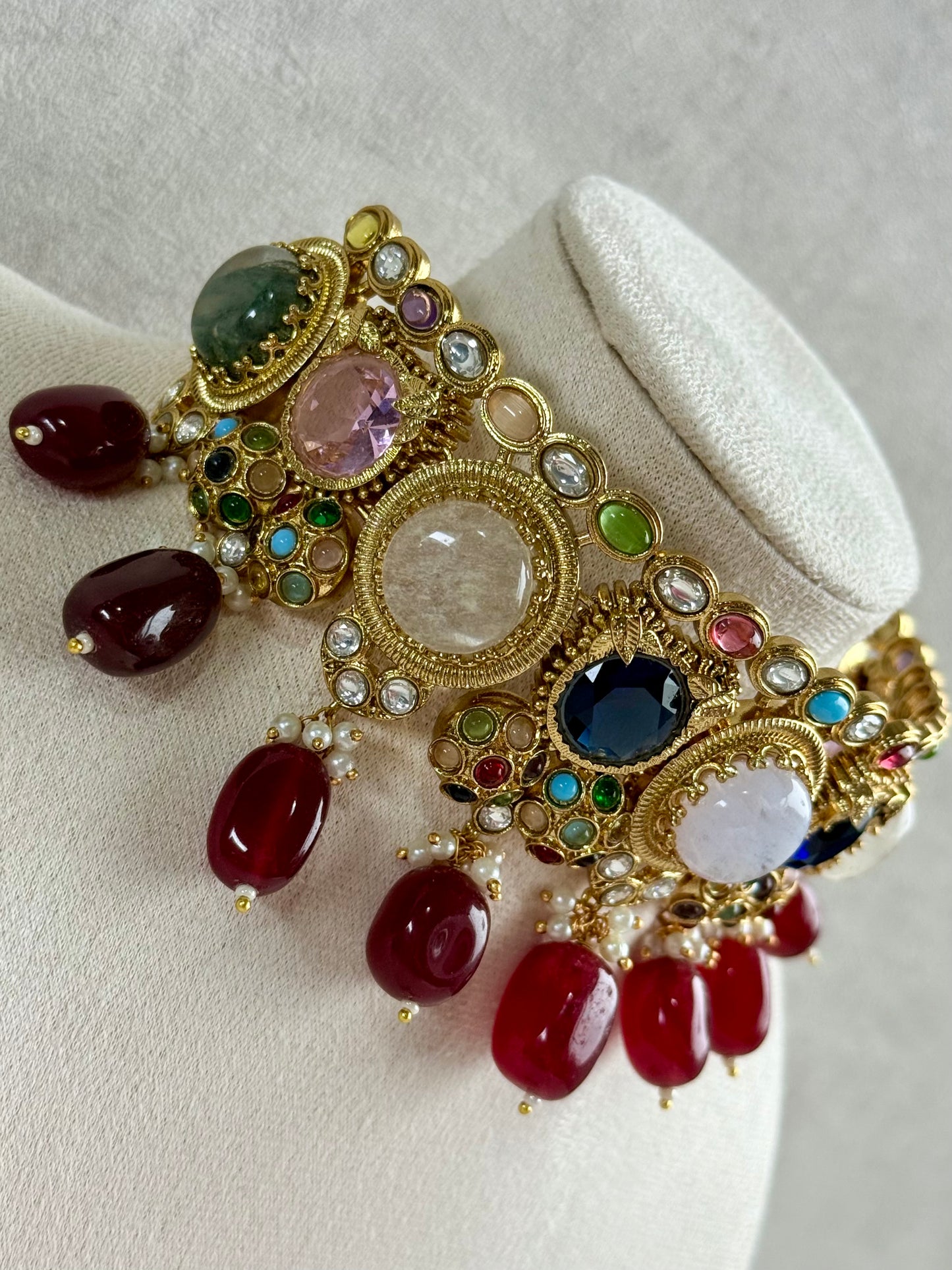 Ayura Designs Dahlia Choker Set with Earrings – Multicolour Stones, Crystal Detailing & Ruby Red Drops
