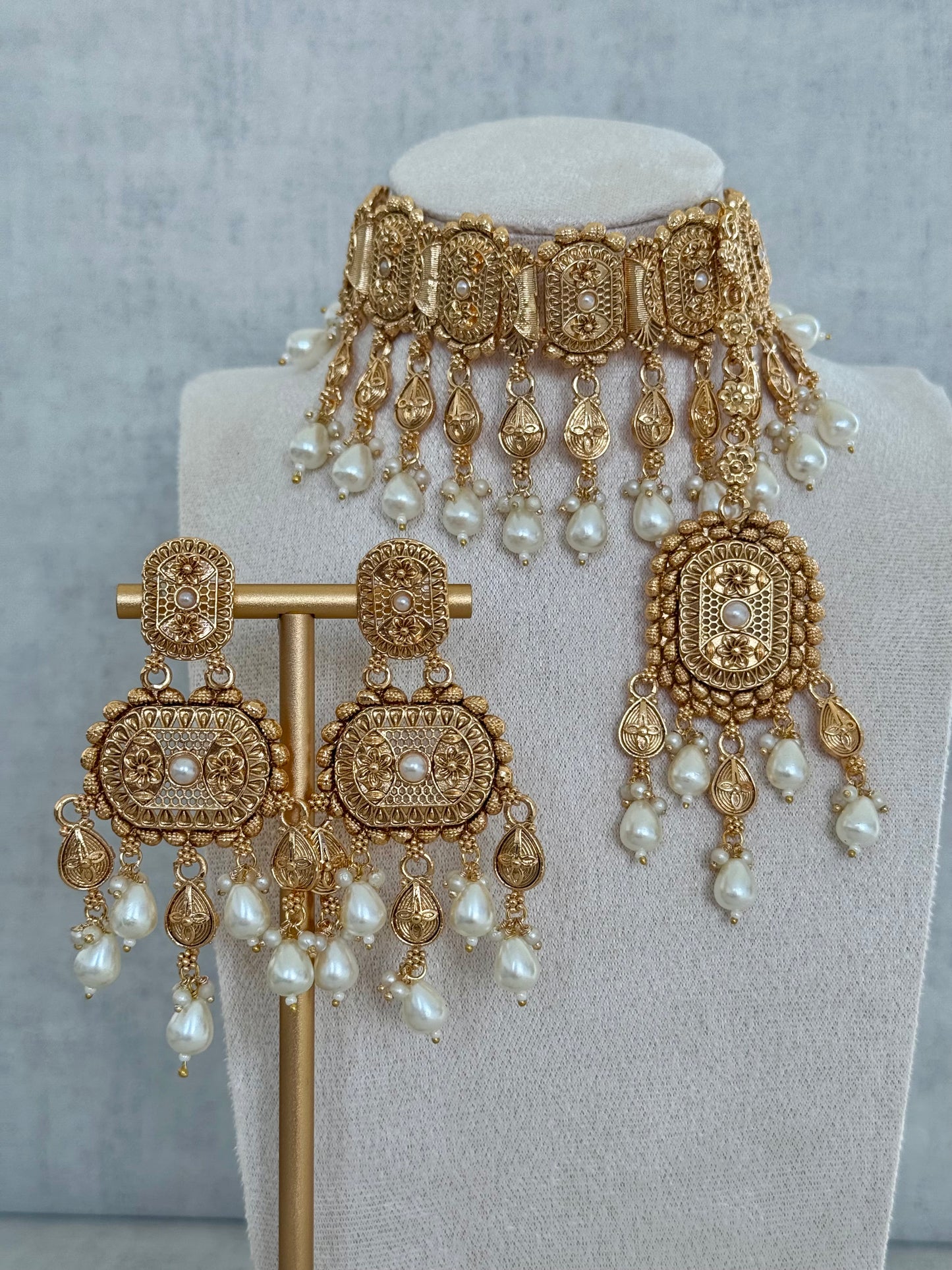 Ayura Designs Elahi Antique Gold-Plated Choker Set with Earrings & Tikka, Adorned with Pearl Drops