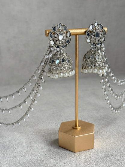 Ayura Designs Aiyana Jhumkis – Silver Mirror-Cut Earrings with Detachable Triple-Layer Pearl Sahare