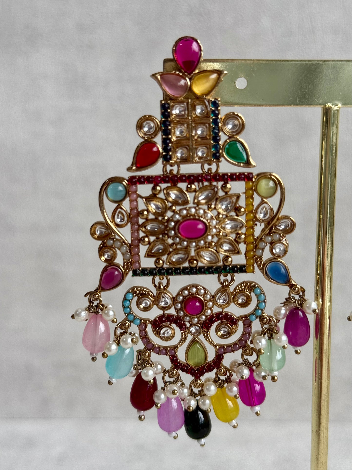 Ayura Designs Arwa Earrings – Antique Gold Finish with Multicolour Stones & Pearl Detailing