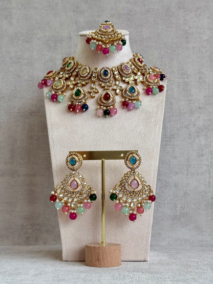 Ayura Designs Janvi Set with Necklace, Earrings & Tikka – Kundan Detailing, Multicolour Beads & Pearl Drops