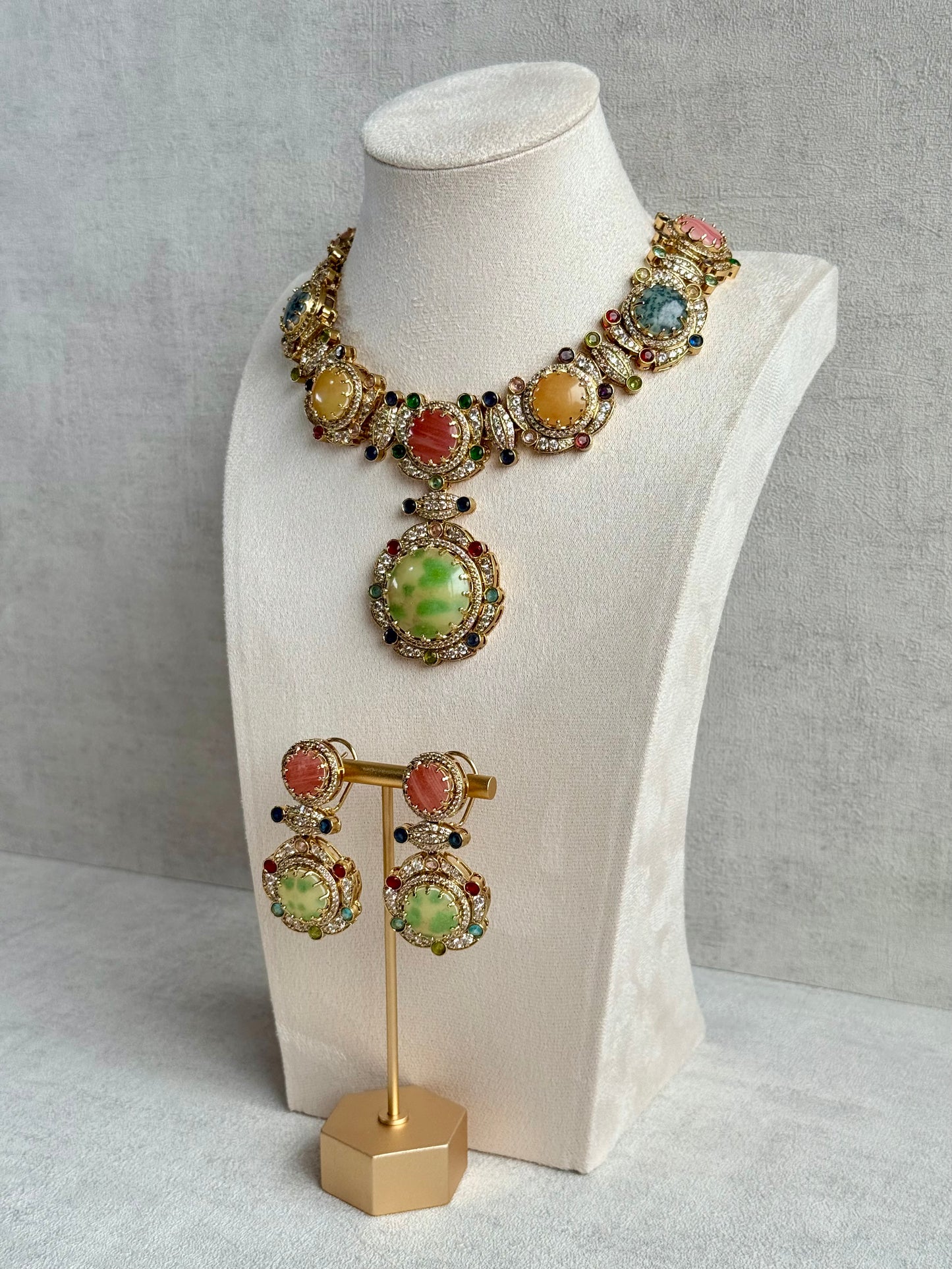 Ayura Designs Akira Set with Necklace & Earrings – Moissanite-Style Crystals with Multicolour Stone Detailing