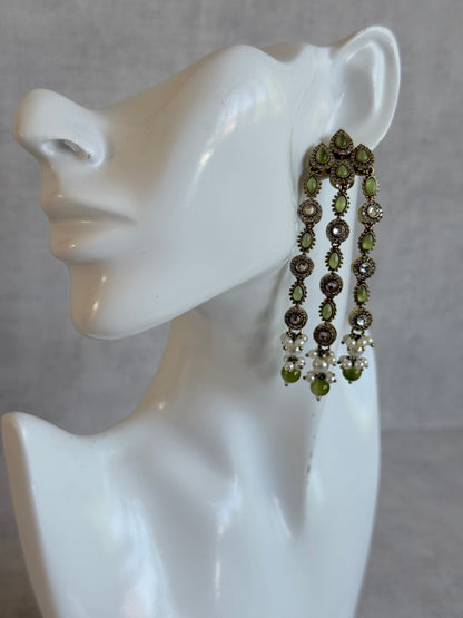 Ayura Designs Emilia Earrings – Gold Triple Strand Statement Earrings with Olive Green Stones & Pearl Drops