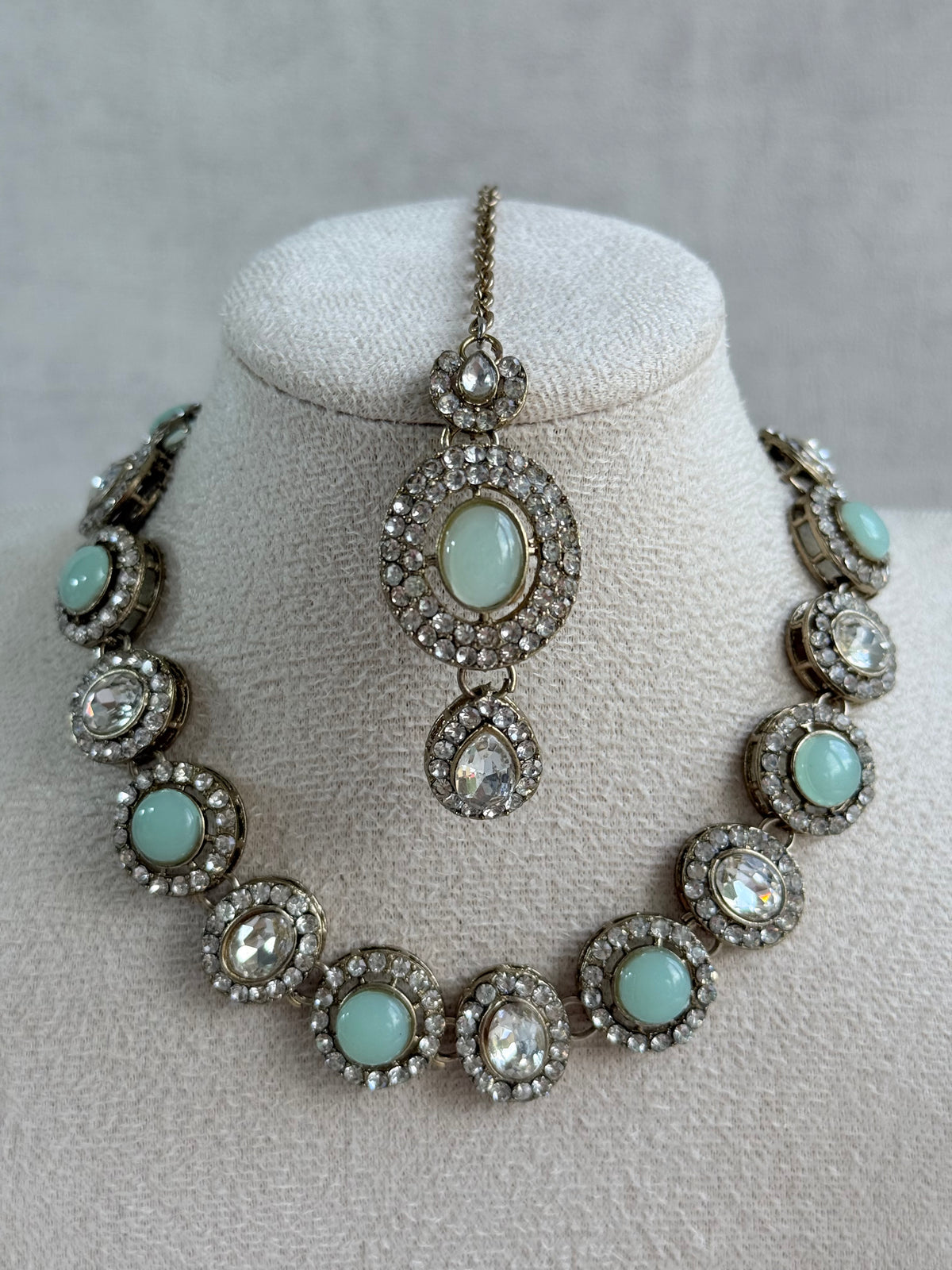 Ayura Designs Eira Necklace Set with Earrings & Tikka – Mint Green & Crystal Stones with Antique Gold Finish