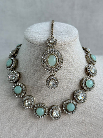 Ayura Designs Eira Necklace Set with Earrings & Tikka – Mint Green & Crystal Stones with Antique Gold Finish
