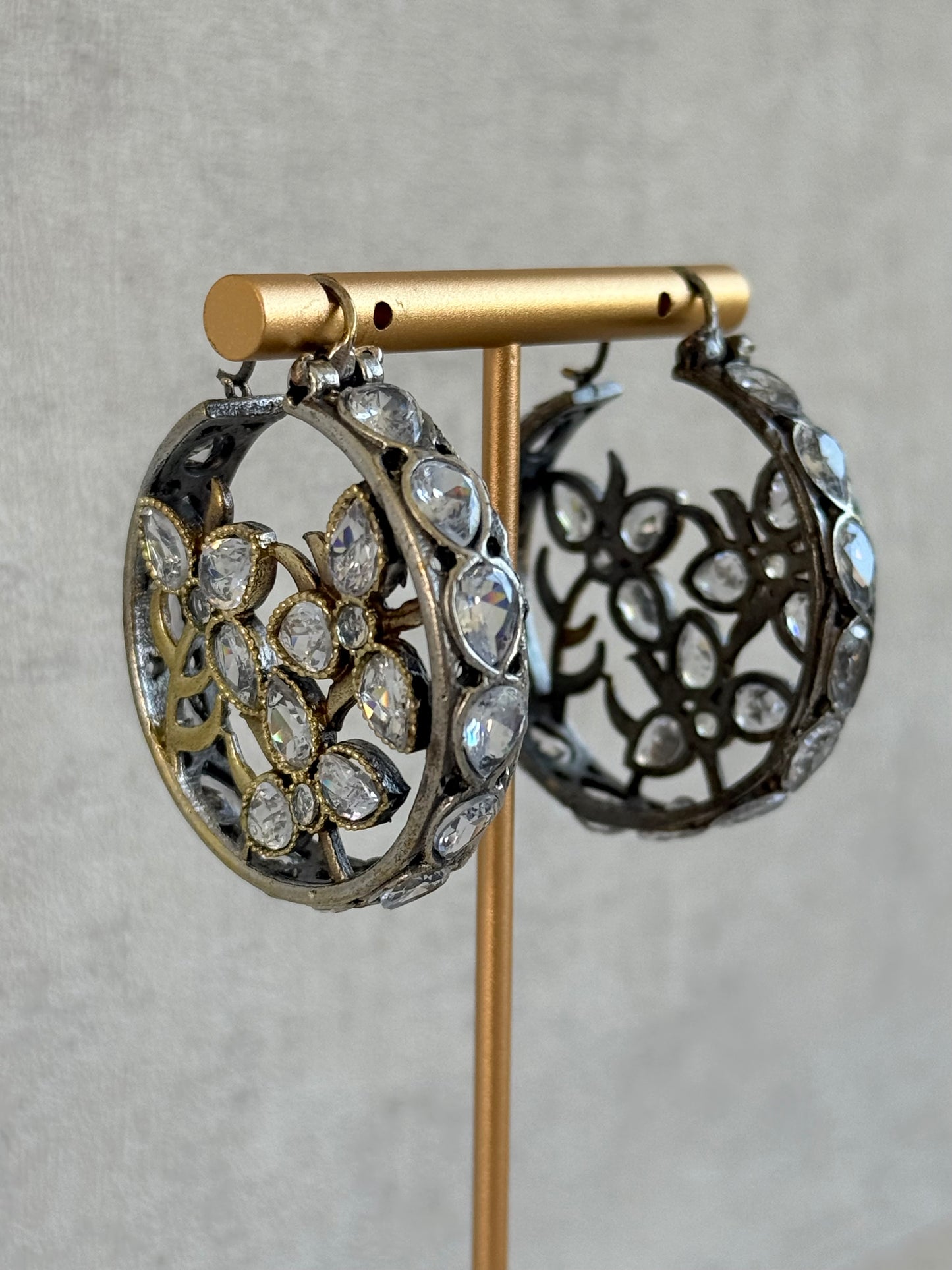 Ayura Designs Nureh Earrings – Dual Tone Floral Hoop Earrings with Crystal Stones & Cutwork Detailing