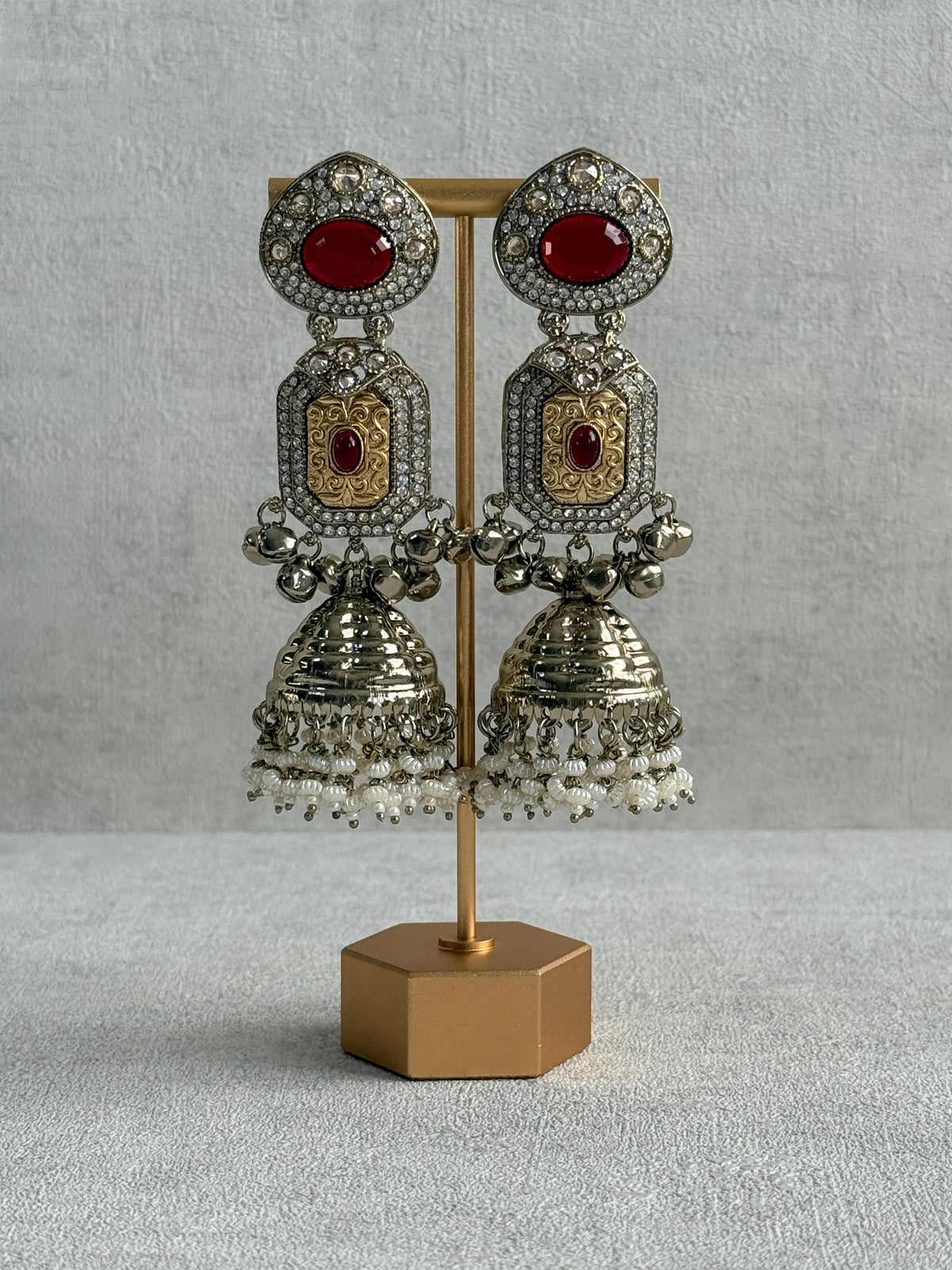 Ayura Designs Maara Jhumkis – Champagne Gold with Ruby Red Stones, Crystals, Ghungroos & Pearl Detailing