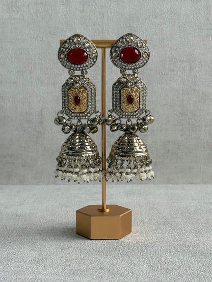 Ayura Designs Maara Jhumkis – Champagne Gold with Ruby Red Stones, Crystals, Ghungroos & Pearl Detailing