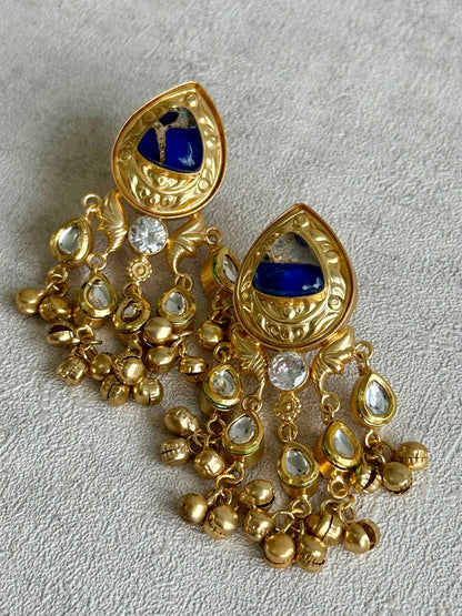 Ayura Designs Arheer Earrings – Sapphire Blue Marble with Kundan Detailing & Antique Gold Ghungroos