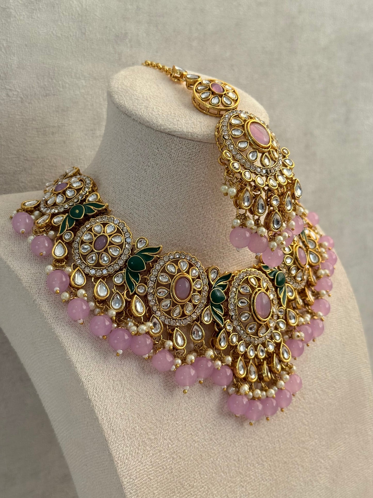Ayura Designs Zara Set with Necklace, Earrings, Tikka & Passa – Antique Gold with Kundan Detailing & Lilac Stones & Beads