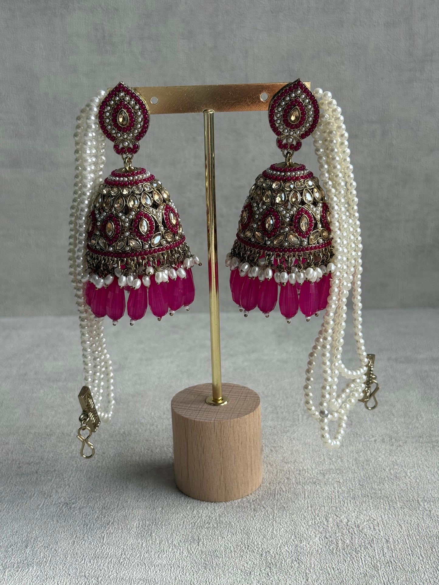 Ayura Designs Amrita Set – Jhumkis with Sahare & Tikka in Hot Pink Beads, Pearls and Antique Gold Finish