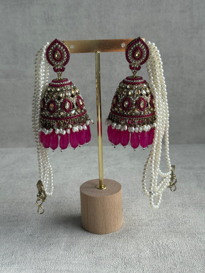 Ayura Designs Amrita Set – Jhumkis with Sahare & Tikka in Hot Pink Beads, Pearls and Antique Gold Finish