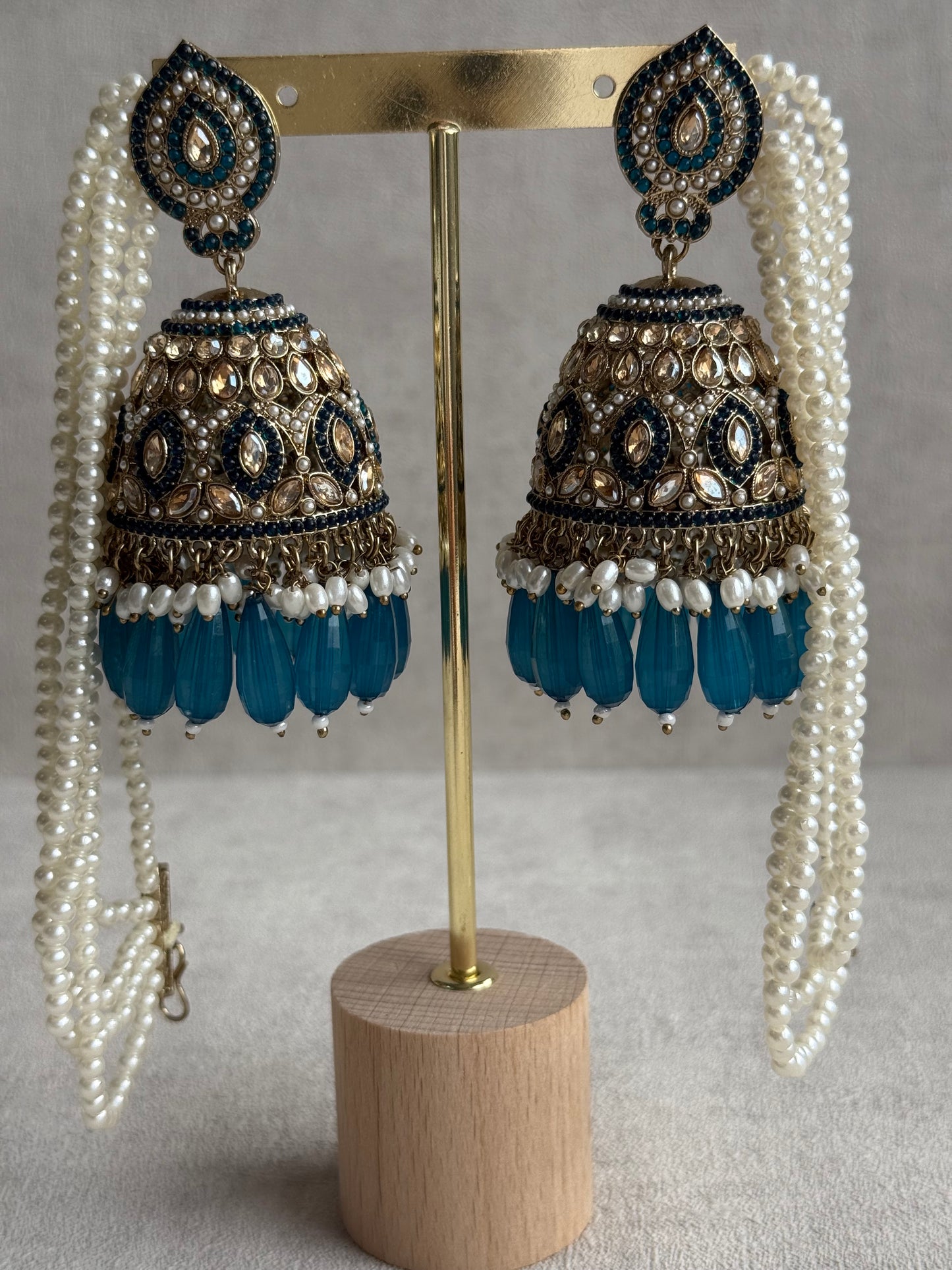 Ayura Designs Amrita Set – Jhumkis with Sahare & Tikka in Peacock Blue Beads, Pearls and Antique Gold Finish