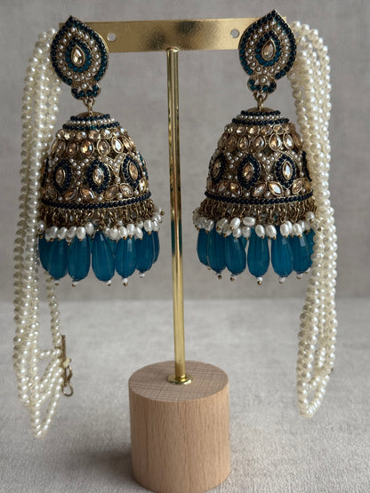 Ayura Designs Amrita Set – Jhumkis with Sahare & Tikka in Peacock Blue Beads, Pearls and Antique Gold Finish