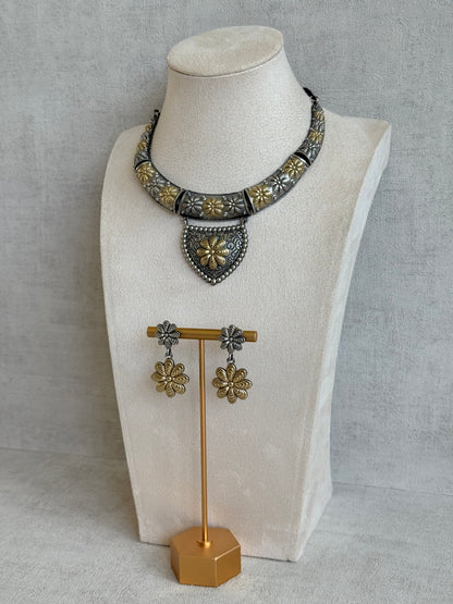 Ayura Designs Andaaz Set with Earrings – Dual Tone Oxidised Floral Necklace Set
