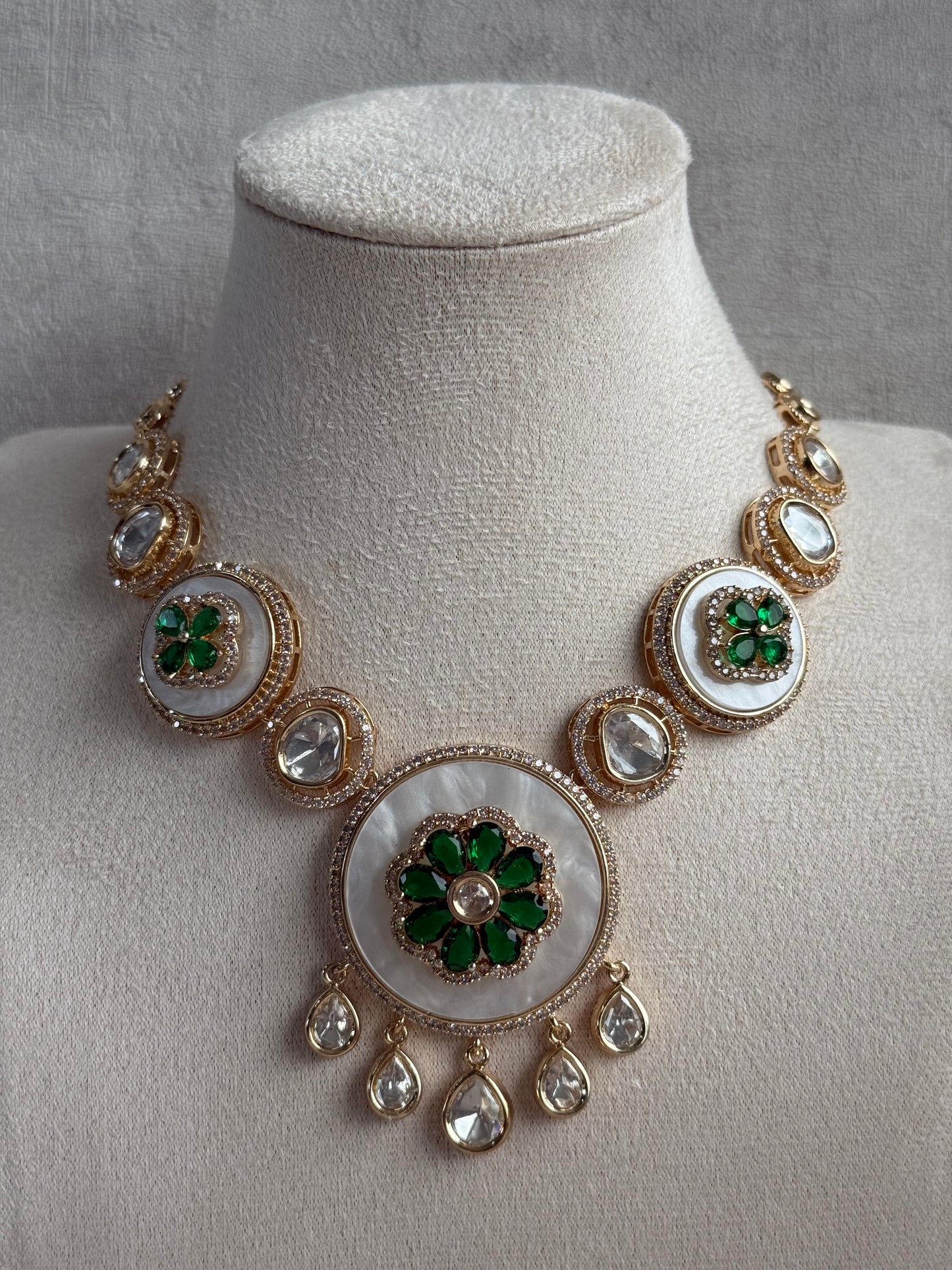 Ayura Designs Wisah Set with Necklace & Earrings – Emerald Green Floral Motifs with Mother of Pearl, Mirror-Cut Stones & Crystal Detailing