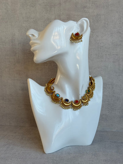 Ayura Designs Laksha Set with Earrings – Antique Gold Crescent Motifs, Multicolour Stones & Pearl Detailing