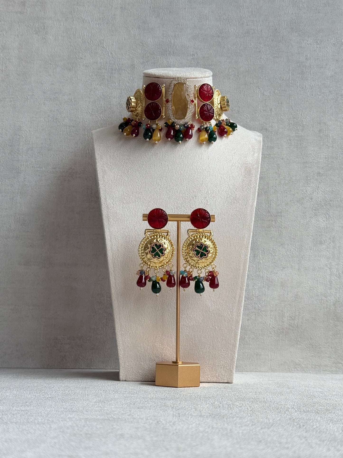 Ayura Designs Faizaan Choker Set with Earrings – Multicolour Stone Drops, Carved Ruby Details & Antique Gold Finish