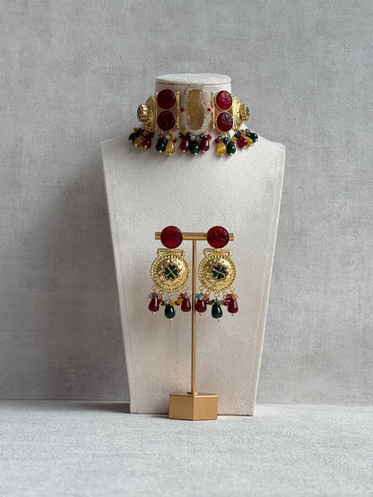 Ayura Designs Faizaan Choker Set with Earrings – Multicolour Stone Drops, Carved Ruby Details & Antique Gold Finish