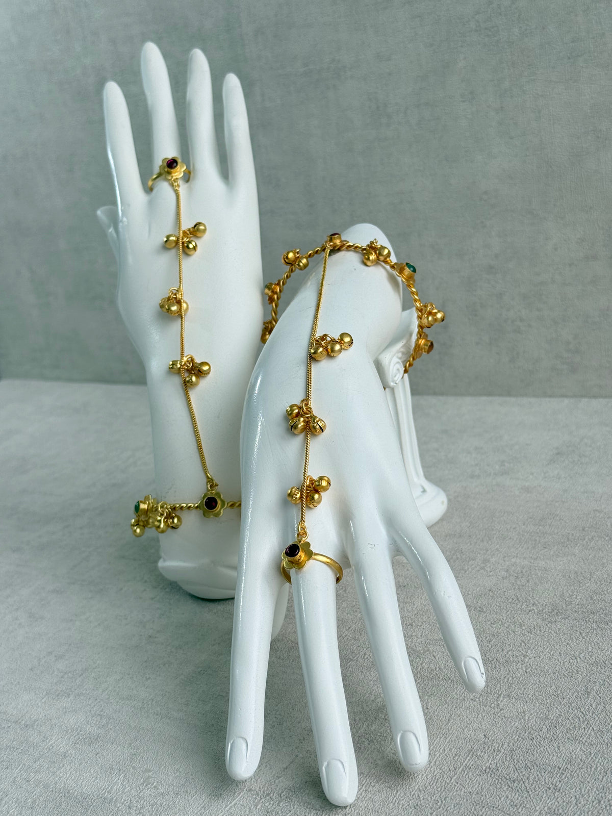 Ayura Designs Kajri Haathphool Set of 2 – Gold Tone Floral Hand Harness with Multicolour Stones & Ghungroo Detailing