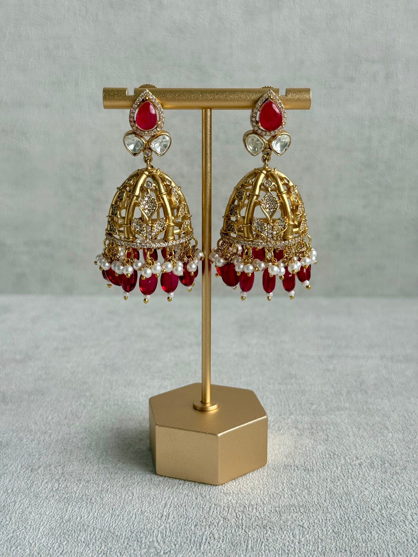Ayura Designs Rami Collar Set with Jhumkis – Sculpted Gold Collar with Ruby Red Stone and Crystal Detailing