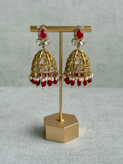 Ayura Designs Rami Collar Set with Jhumkis – Sculpted Gold Collar with Ruby Red Stone and Crystal Detailing