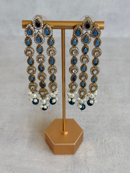 Ayura Designs Emilia Earrings – Gold Triple Strand Statement Earrings with Ink Blue Stones & Pearl Drops