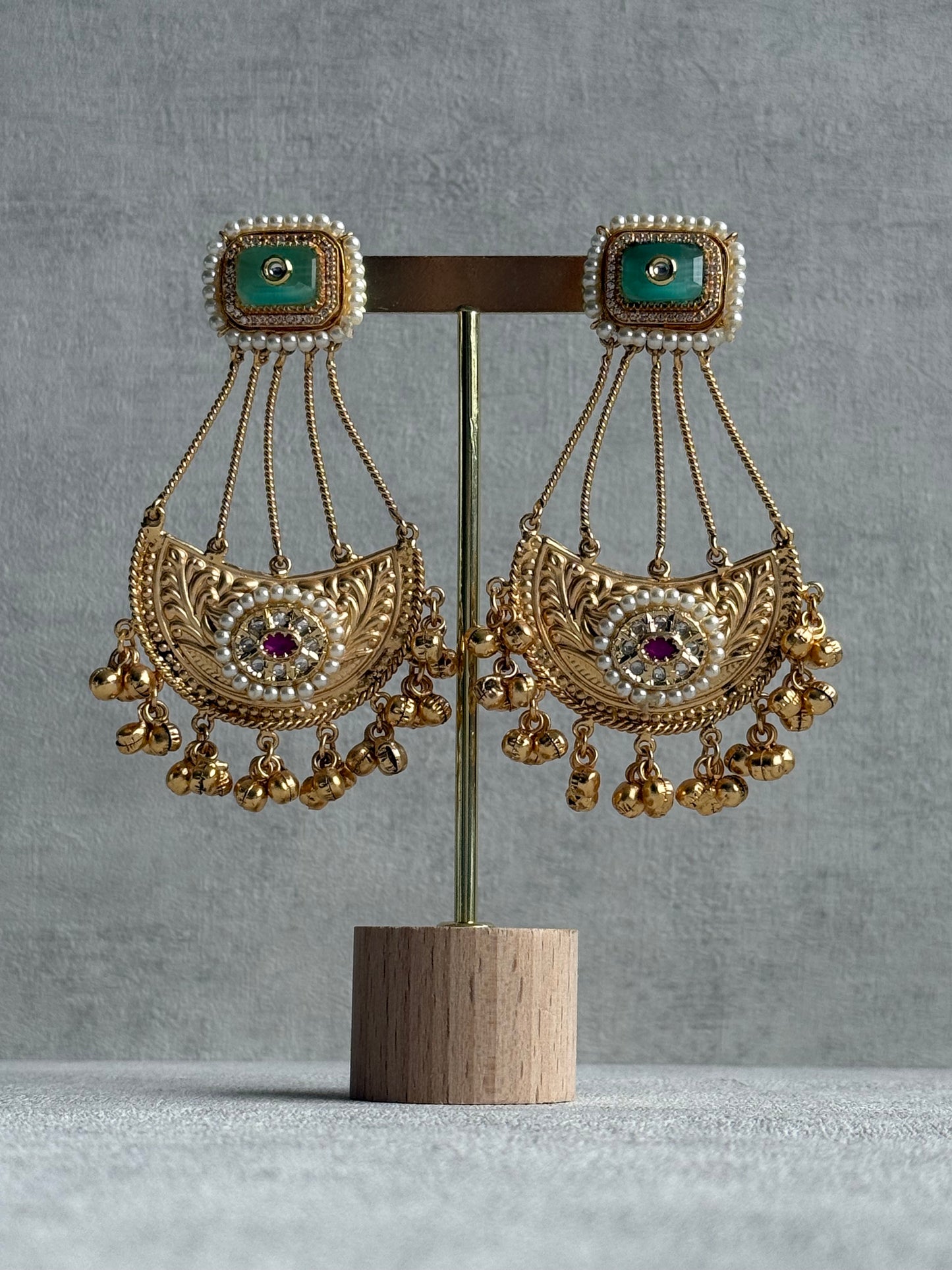 Ayura Designs Jheel Earrings – Pistachio Half-Moon Drops with Pearl Edging & Golden Ghungroos