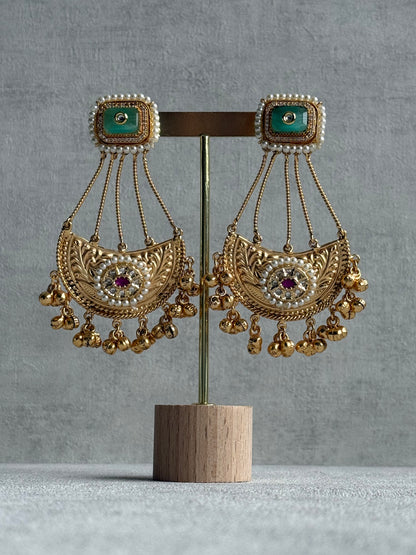 Ayura Designs Jheel Earrings – Pistachio Half-Moon Drops with Pearl Edging & Golden Ghungroos