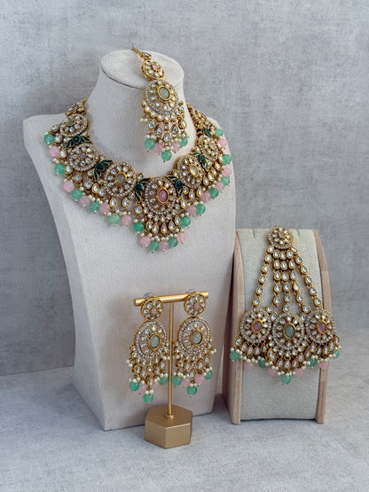 Ayura Designs Zara Set with Necklace, Earrings, Tikka & Passa – Antique Gold with Kundan Detailing & Mint Green & Blush Pink Beads