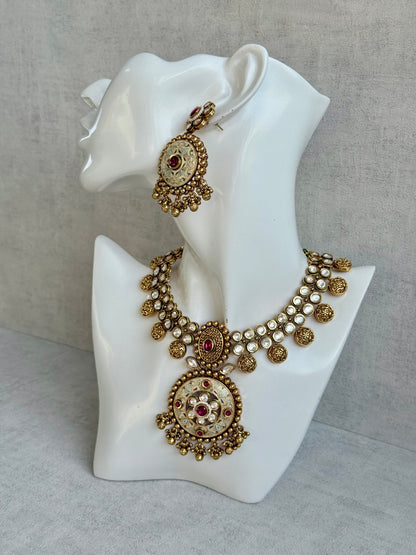 Ayura Designs Zayna Set with Necklace & Earrings – Ivory Meenakari with Rani Pink Stones