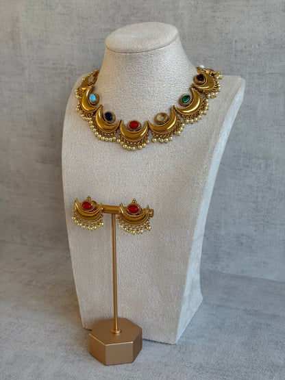 Ayura Designs Laksha Set with Earrings – Antique Gold Crescent Motifs, Multicolour Stones & Pearl Detailing