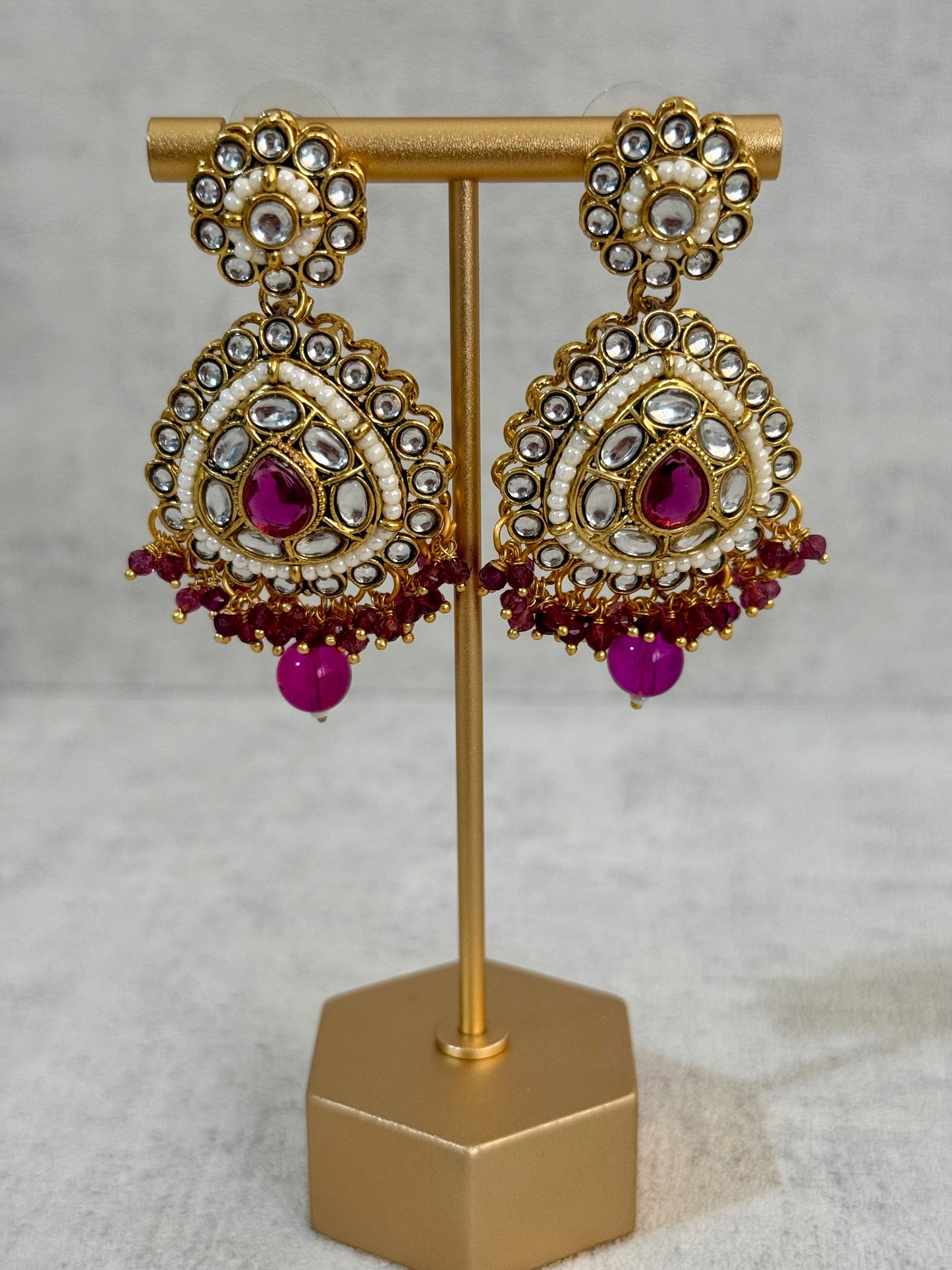 Ayura Designs Tehreem Set with Necklace, Earrings & Tikka – Mirror-Cut Stones, Magenta Beads & Antique Gold Finish