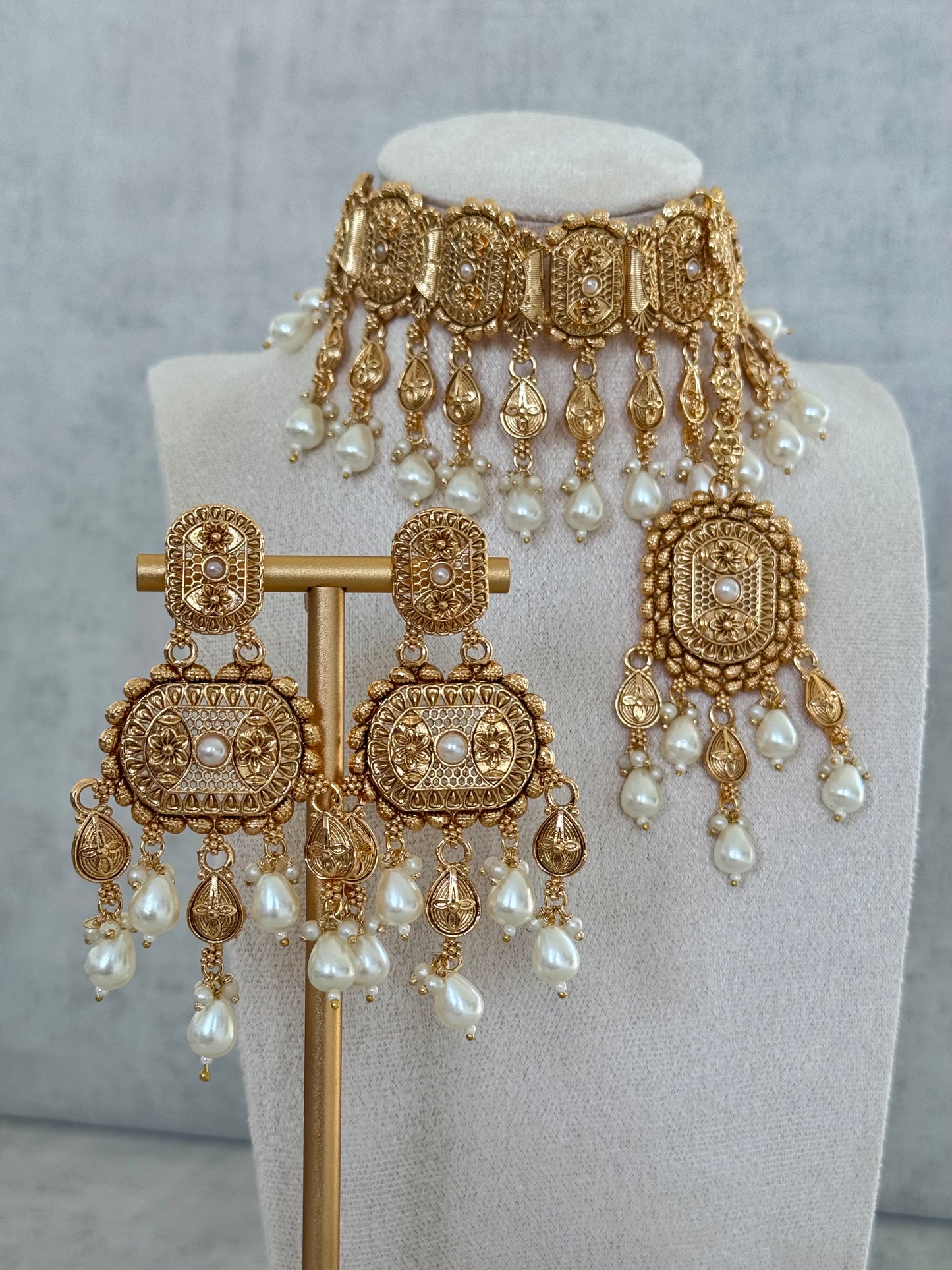 Ayura Designs Elahi Antique Gold-Plated Choker Set with Earrings & Tikka, Adorned with Pearl Drops