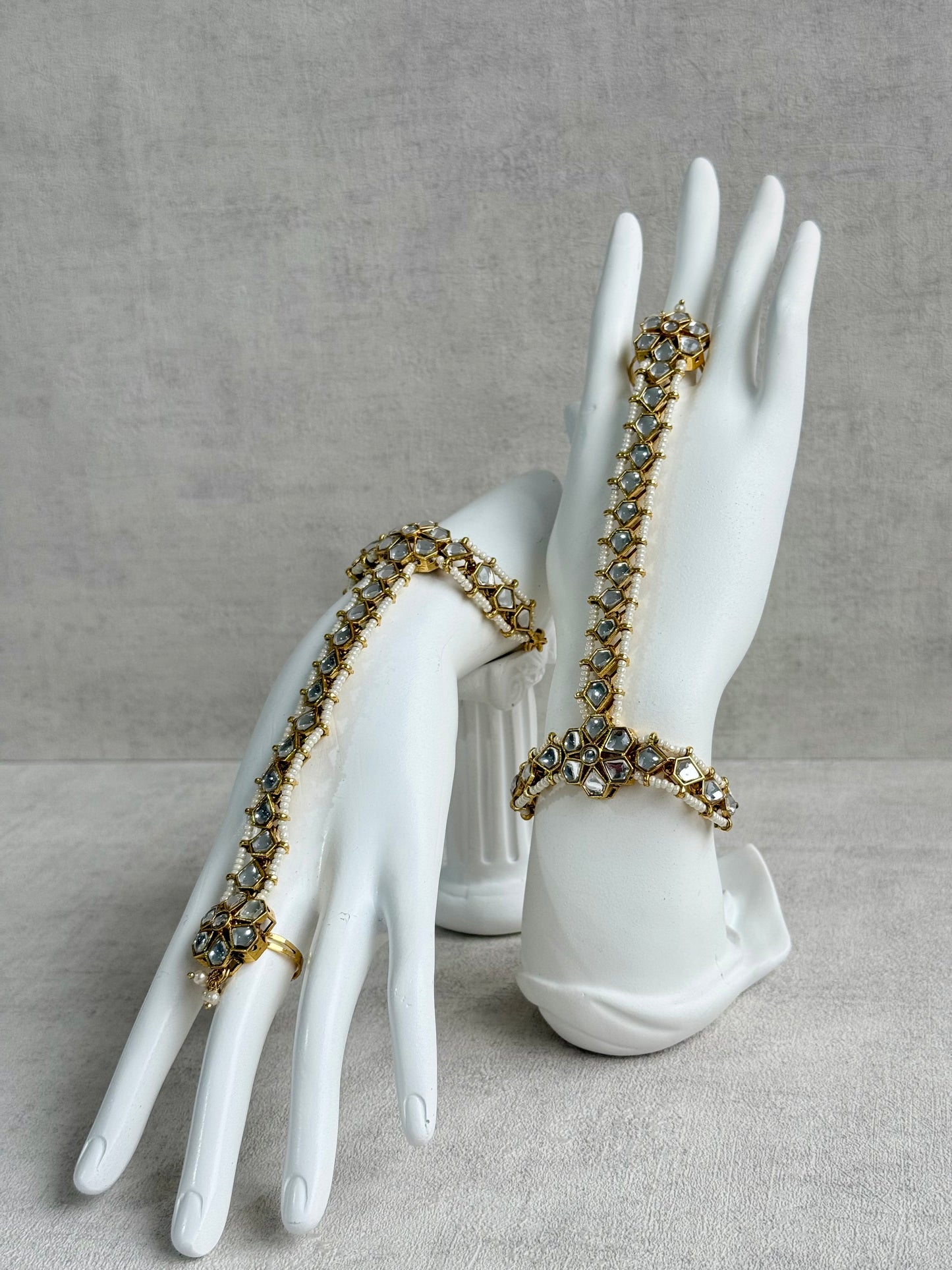 Ayura Designs Yara Haathphool – Mirror-Cut Stones with Pearl Bead Detailing in Antique Gold Finish