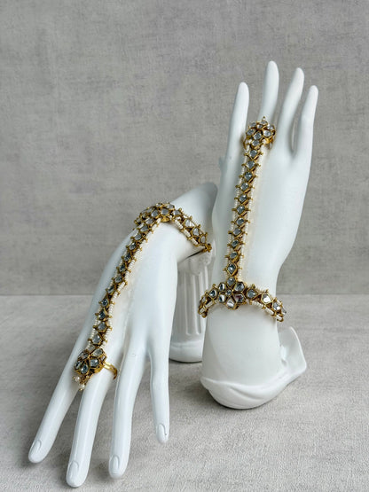 Ayura Designs Yara Haathphool – Mirror-Cut Stones with Pearl Bead Detailing in Antique Gold Finish