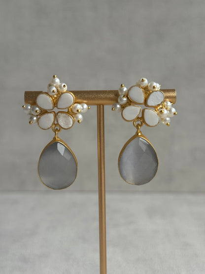 Ayura Designs Arianell Set with Necklace, Earrings & Tikka – Moonstone Grey Drops, Floral Motifs & Pearls