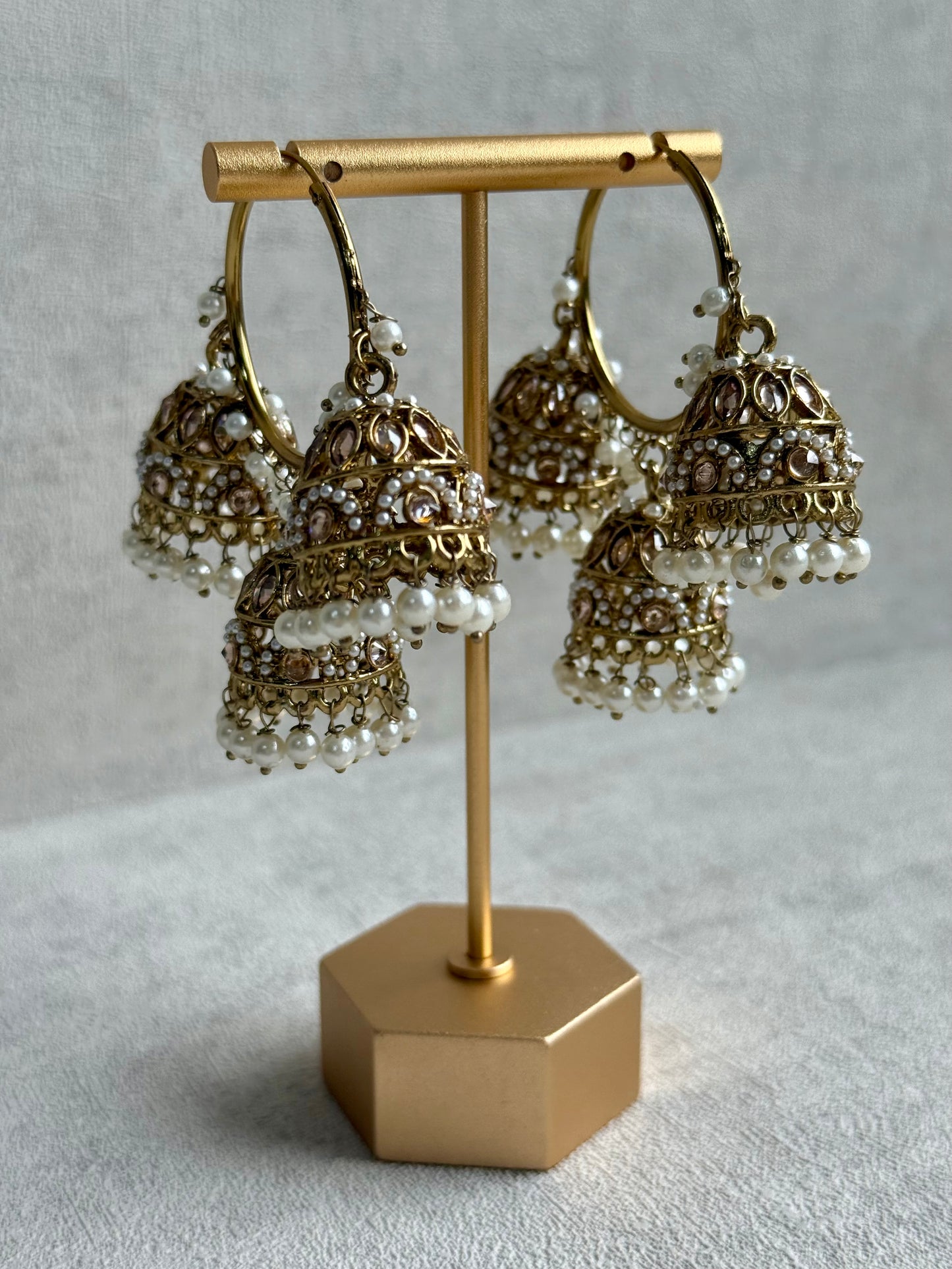 Ayura Designs Nakhra Balis – Ivory Triple Dome Earrings with Pearl Clusters & Mirror-Cut Detailing