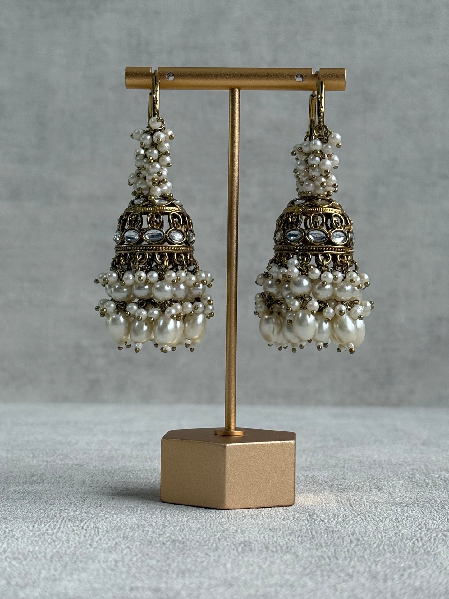 Ayura Designs Jugni Jhumkis – Antique Gold Balis with Pearl Clusters & Kundan Detailing