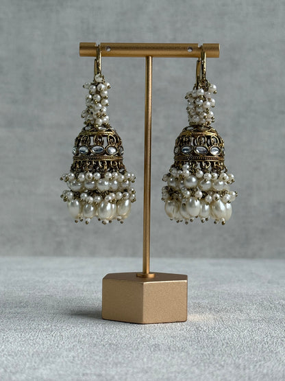 Ayura Designs Jugni Jhumkis – Antique Gold Balis with Pearl Clusters & Kundan Detailing