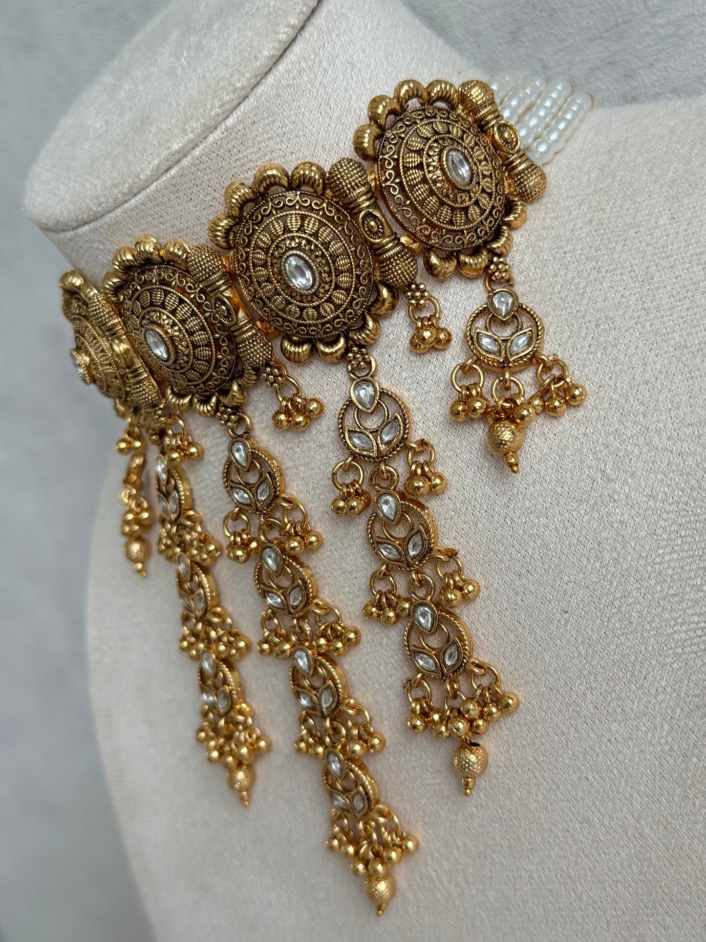 Ayura Designs Kabini Choker Set with Earrings – Gold Kundan Waterfall Choker with Ivory Pearls