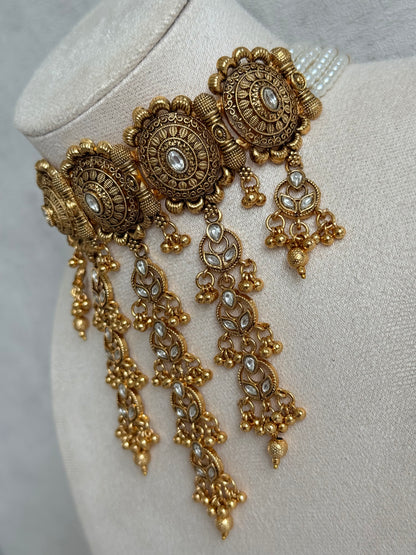 Ayura Designs Kabini Choker Set with Earrings – Gold Kundan Waterfall Choker with Ivory Pearls