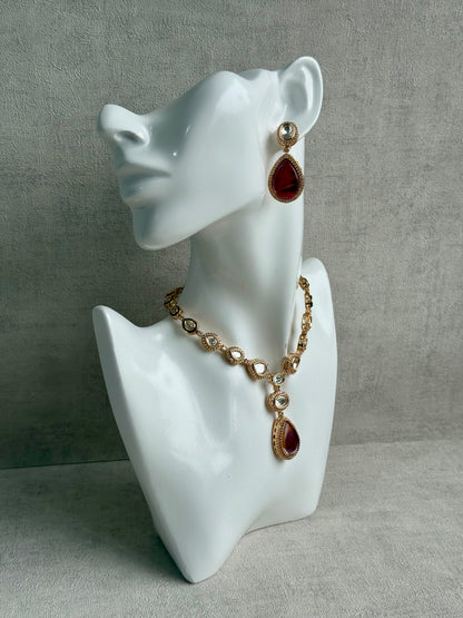 Ayura Designs Lilly Set with Necklace & Earrings – Burnt Crimson Marble Stones, Mirror-Cut Accents & Antique Gold Finish